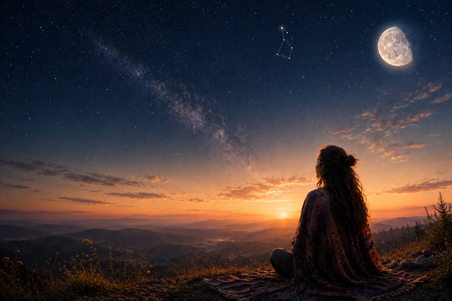 A woman wrapped in a blanket watches the sunset and stars from a mountain overlook