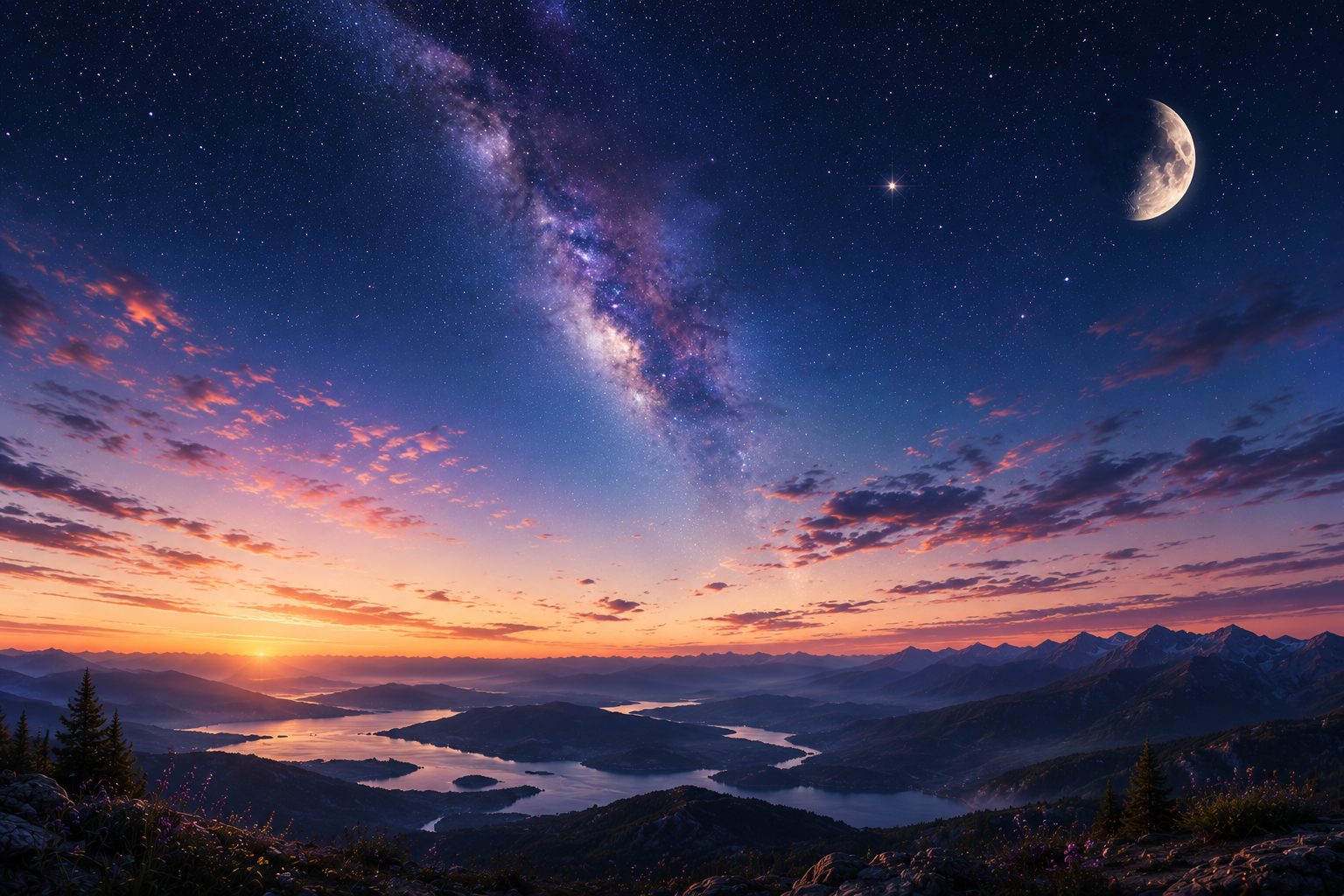 Milky Way over misty mountain lakes at dawn