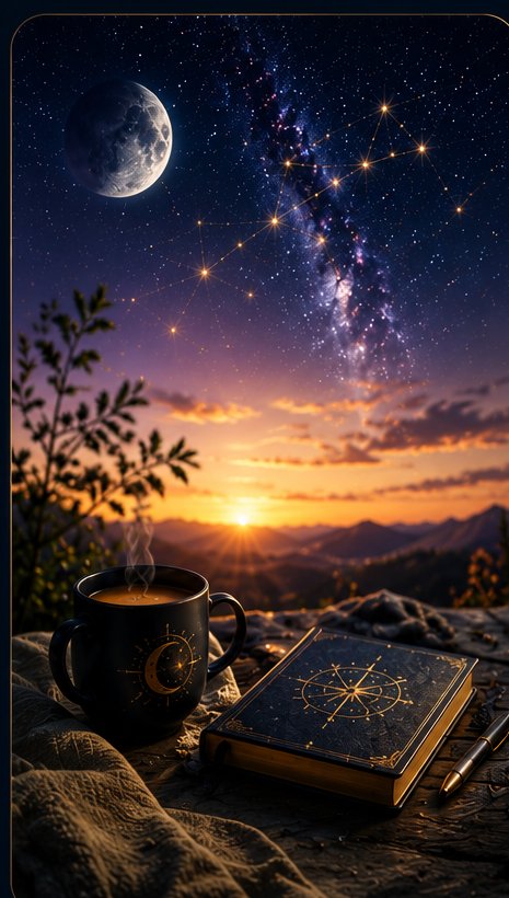 Journal and coffee at sunrise, representing daily astrology guidance
